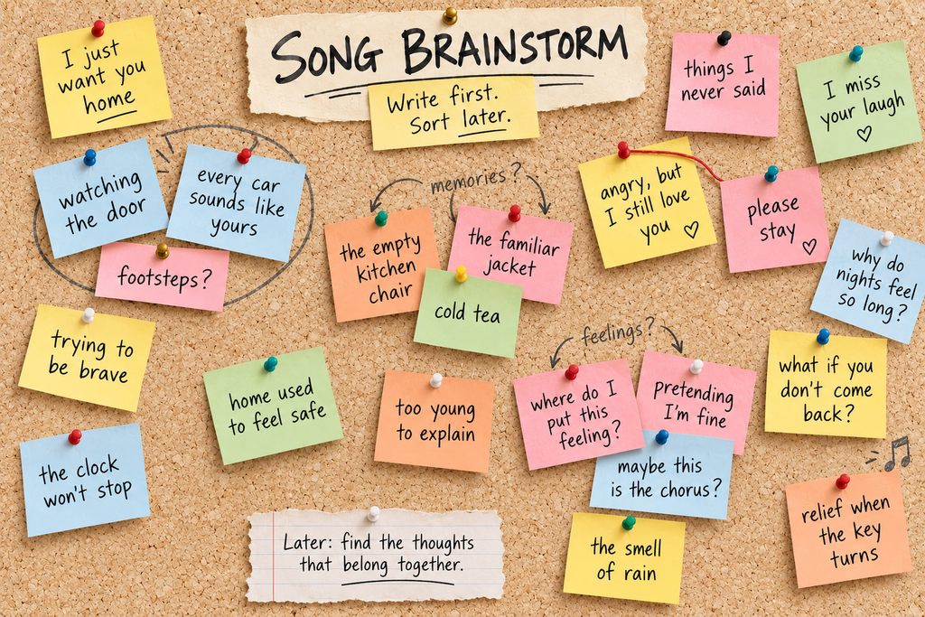 How to write a song about your life: sticky notes of memories pinned to a cork board to brainstorm song lyrics