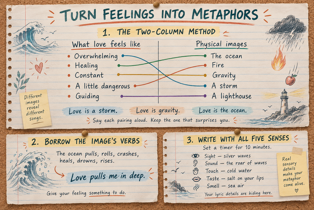 Two-column songwriting method for writing metaphors in song lyrics: feelings listed on the left, matching images on the right
