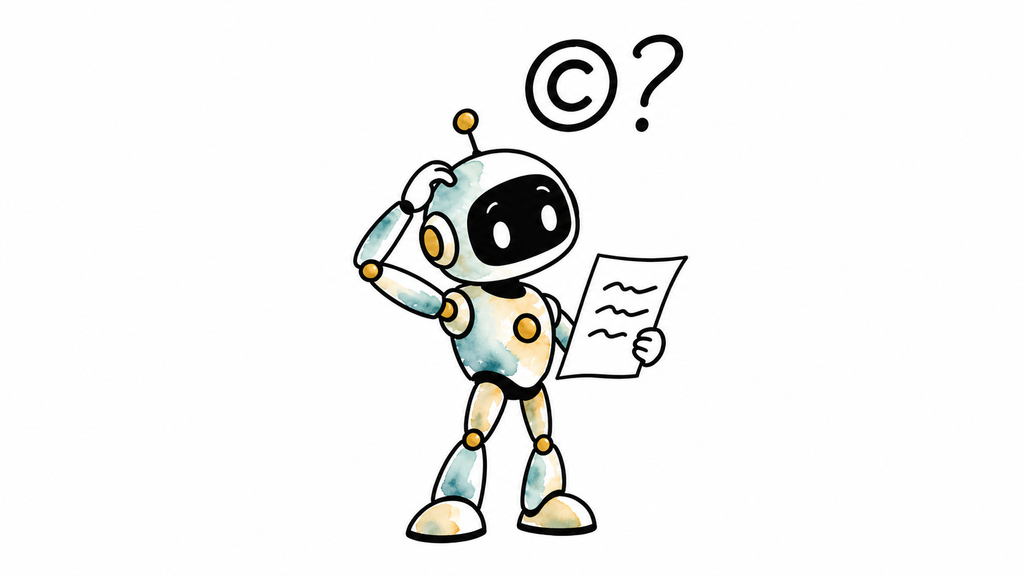 AI music copyright cartoon: a songwriter and a robot tug on a sheet of music, with a copyright symbol above the songwriter's handwritten lyrics